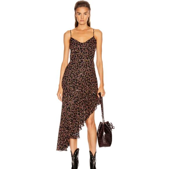 Nicholas 100% silk asymmetrical spaghetti strap slip dress black floral US 6